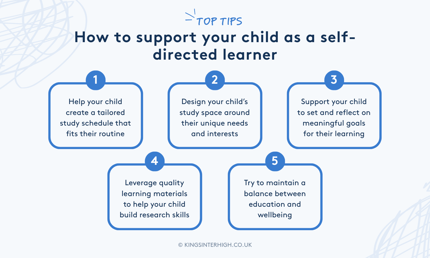 Infographic: TOP TIPS - How to support your child as a self-directed learner. 1: Help your child create a tailored study schedule that fits their routine. 2: Design your child’s study space around their unique needs and interests. 3: Support your child to set and reflect on meaningful goals for their learning. 4: Leverage quality learning materials to help your child build research skills. 5: Try to maintain a balance between education and wellbeing.
