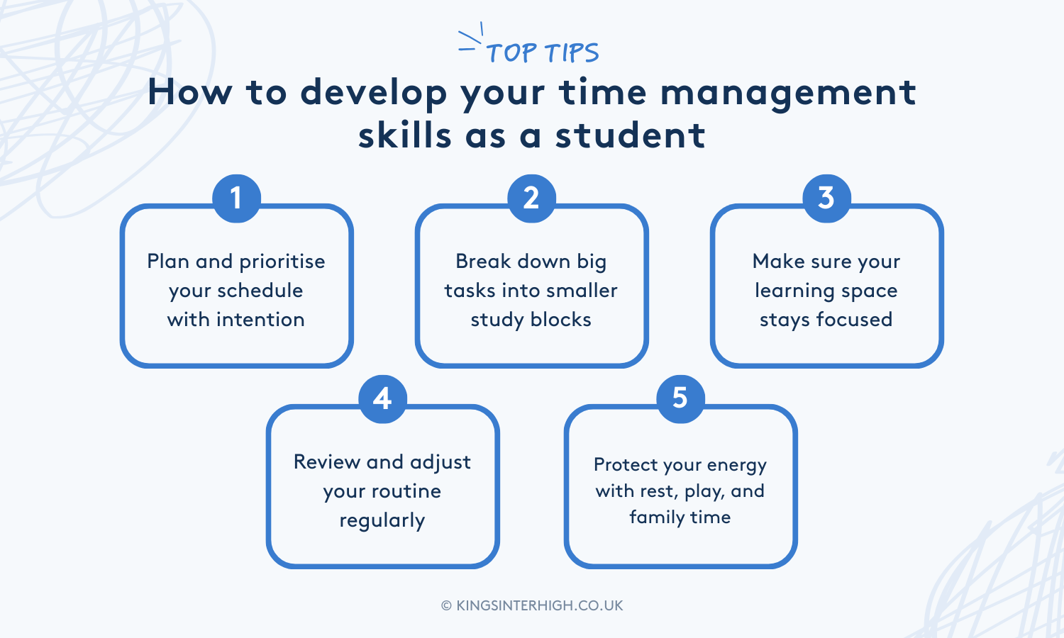 Infographic with the following text: Top tips - How to develop your time management skills as a student. 1. Plan and prioritise your schedule with intention; 2. Break down big tasks into smaller study blocks; 3. Make sure your learning space stays focused; 4. Review and adjust your routine regularly; 5. Protect your energy with rest, play, and family time.